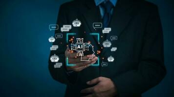 AI Artificial Intelligence and conversational chatbots businesses digital technology interact with applications, including customer service, sales and marketing and big data virtual screen. photo