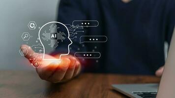 Chat with AI or Artificial Intelligence. Digital chatbot, robot application, OpenAI generate. Futuristic technology. photo