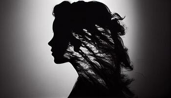 Silhouette of one woman profile elegance and mystery ,generative AI photo