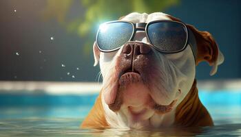 Purebred bulldog sunbathes with cool sunglasses outdoors , photo
