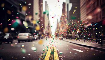 Celebration lights illuminate city with confetti glitter falling ,generative AI photo