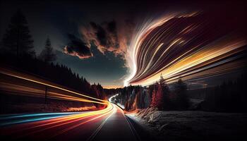 noche coche velocidad en tráfico en múltiple carriles ,generativo ai foto