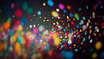 Multi colored confetti falling on shiny backdrop , photo