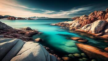 Nature rock objects frame a tranquil waterscape , photo