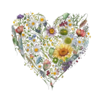 tropical leaves and flowers in a heart shape watercolor art, png