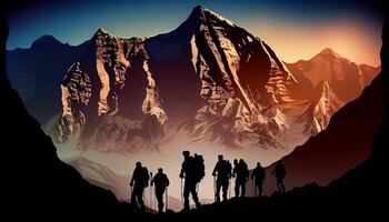 Silhouette of men hiking mountain peak at sunset , photo