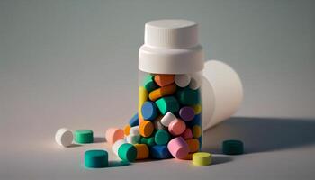 medical bottle with multi colored pills , photo