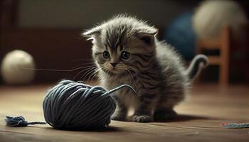 Cute kitten playing with wool ball indoors , photo