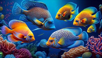 Multi colored fish swimming in a vibrant coral reef , photo