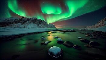 Nature beauty illuminated by aurora polaris at night , photo