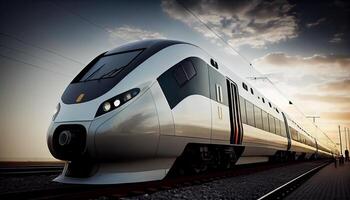 Transportation mode speeds on railroad tracks at sunset , photo