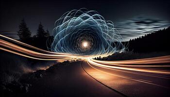 Speeding car igniting night sky in futuristic motion , photo