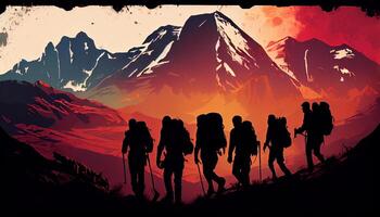 Silhouette hiking men conquer mountain peaks at dusk , photo