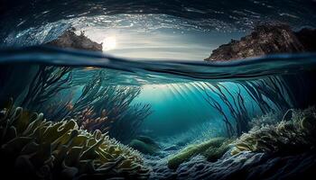 Deep below, a colorful school of fish swims , photo