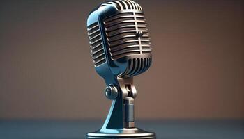 Antique microphone on shiny metallic stand Close up , photo