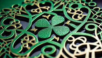 Ornate gold leaf pattern on green background , photo