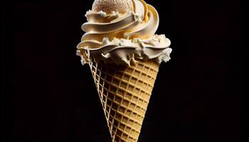 Ice cream cone with chocolate, wafer, and vanilla , photo