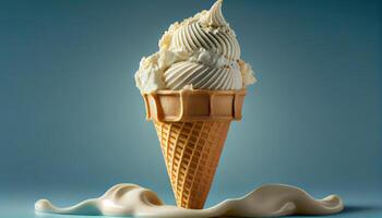 Sweet summer indulgence melting vanilla ice cream cone , photo