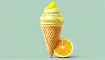 Ice cream cone with fruity flavors on yellow backdrop ,generative AI photo