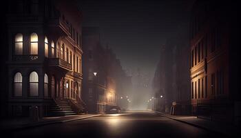 Nightfall settling on dark city streets, illuminated windows , photo