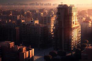 paisaje urbano de moderno rascacielos en contra un brillante puesta de sol ,generativo ai foto