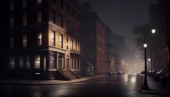 Dark cityscape with illuminated skyscrapers and street lights , photo