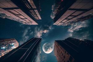 rascacielos edificios con Luna llena escena ,generativo ai foto