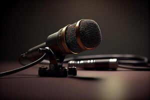 Close up microphone on metallic stage background , photo