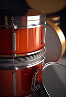 Close up of shiny metallic drum kit on stage , photo