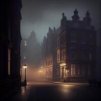 Mysterious city skyline backlit by glowing lantern , photo