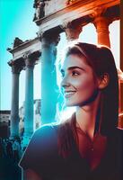 Young adult woman, smiling outdoors at famous ruin , photo