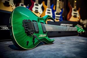 Close up of green electric guitar , photo