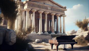 Classical piano performs in majestic old ruin , photo