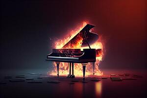 majestic piano on fire in spotlight , photo