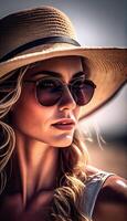 Young woman with sunglasses exuding elegance and sensuality , photo