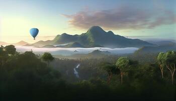 Mountain landscape with fog, hot air balloon , photo