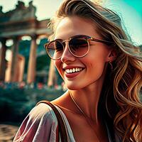 Smiling young adult woman in sunglasses outdoors , photo