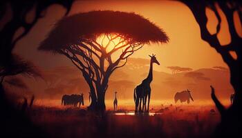 Silhouette of giraffes backlit by sunset sky , photo