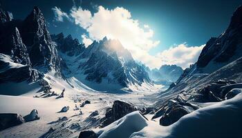 Snowy mountain peak in majestic winter landscape , photo