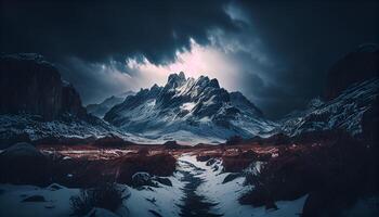 montaña paisaje con nieve, picos, y nubes ,generativo ai foto