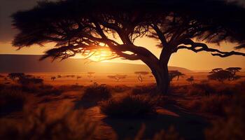 African nature at dusk Tree silhouette against sunset , photo