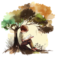 Boy reading book watercolor, png