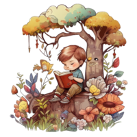 Boy reading book under tree, png