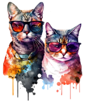 watercolor cat couple wearing sunglass, png