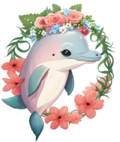 bebis delfin med blommig vibb, ai generativ png