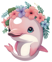 bebis delfin med blommig vibb, ai generativ png