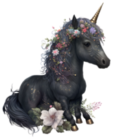 schwarz Blumen- Einhorn, ai generativ png