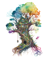 aquarelle Fée arbre loger, ai génératif png