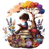 boy reading book watercolor, png