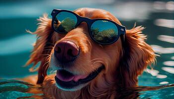 Cute puppy in shades enjoys summer outdoors , photo